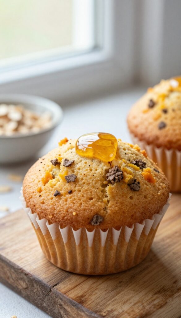Homemade heart and pumpkin pupcake for dogs, a mini muffin treat with visible heart meat and honey drizzle on a wooden table.