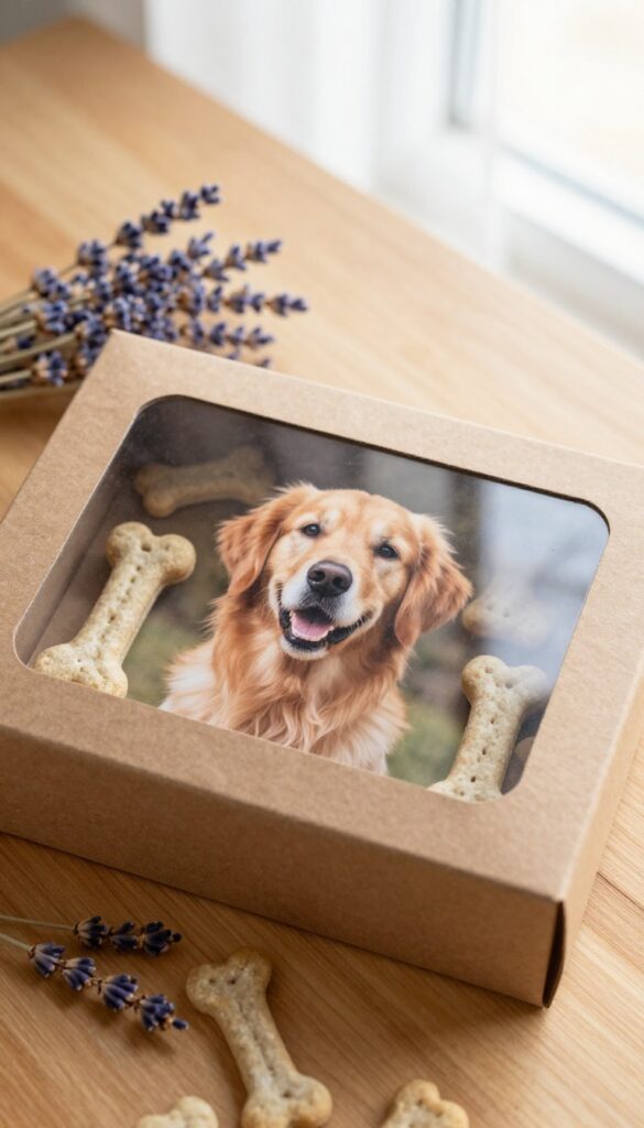 Kraft treat box with photo slot and dog treats