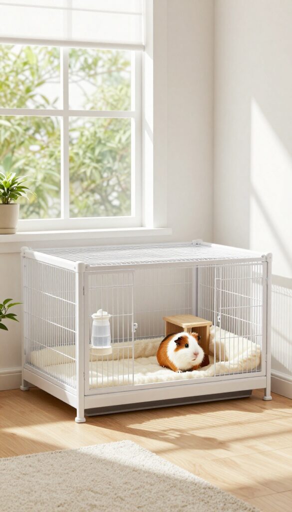 Corner guinea pig cage in a bright small apartment living room, utilizing dead space, with soft bedding and accessories.