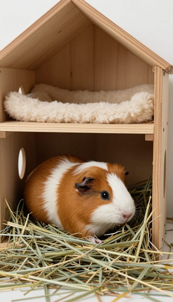 Guinea pig cage with lofted hideout and hay rack below