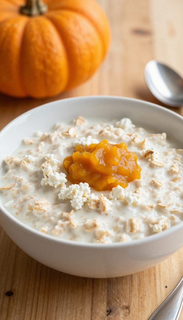 Homemade cottage cheese and oatmeal porridge for dogs in a ceramic bowl, creamy texture, pumpkin puree garnish, natural lighting.