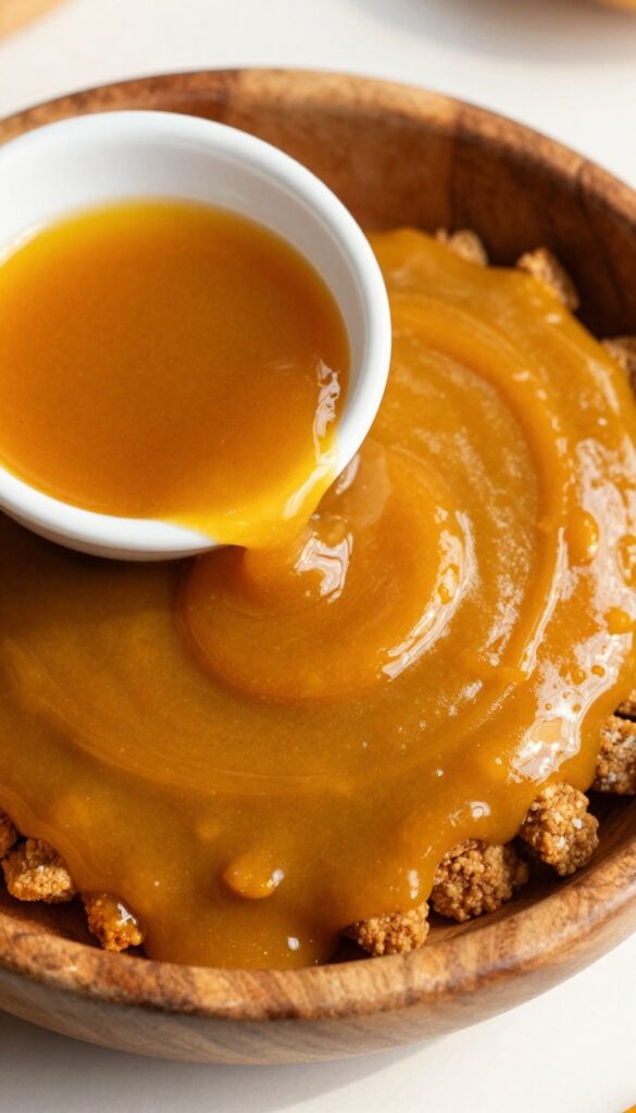 Warm pumpkin and turmeric sauce drizzled over dog kibble in a bowl on a wooden table with natural light