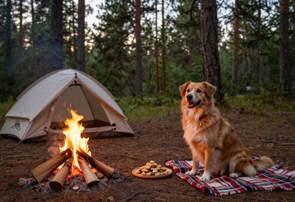 Happy dog sitting by a campfire with homemade dog treats on a wooden plate, cozy camping scene.