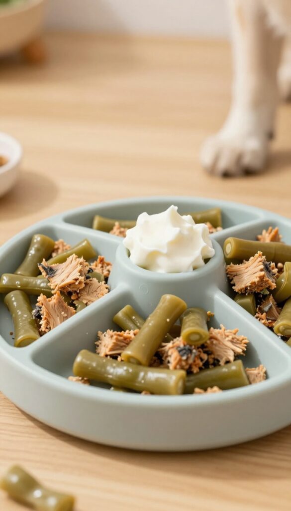Dog puzzle feeder filled with tuna and green bean mixture for a homemade dog treat