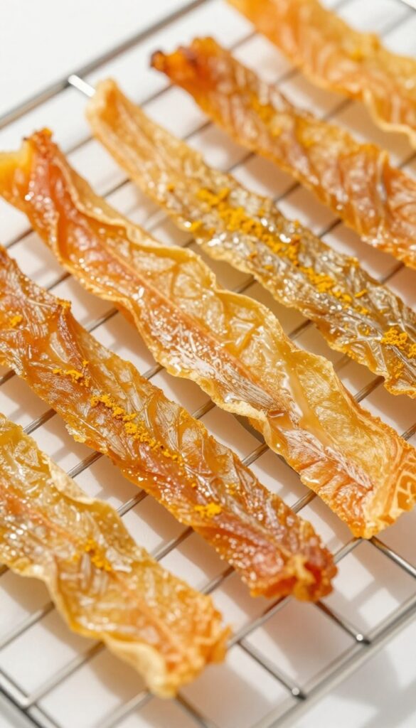 Homemade salmon skin jerky strips for dogs, dehydrated until crunchy, arranged on a wire rack.