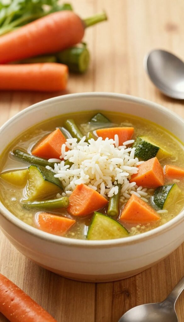 Homemade dog food stew with vegetables and rice in a bowl, budget-friendly and dog-safe.
