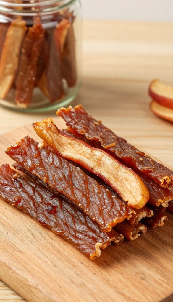 Homemade chicken and apple jerky strips for dogs, piled on a wooden surface beside a glass treat jar.