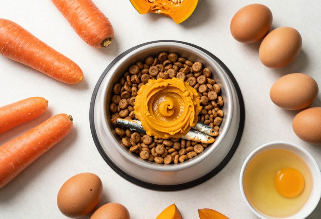Homemade dog food toppers for picky eaters: pumpkin purée, sardines, and fresh ingredients on kibble.