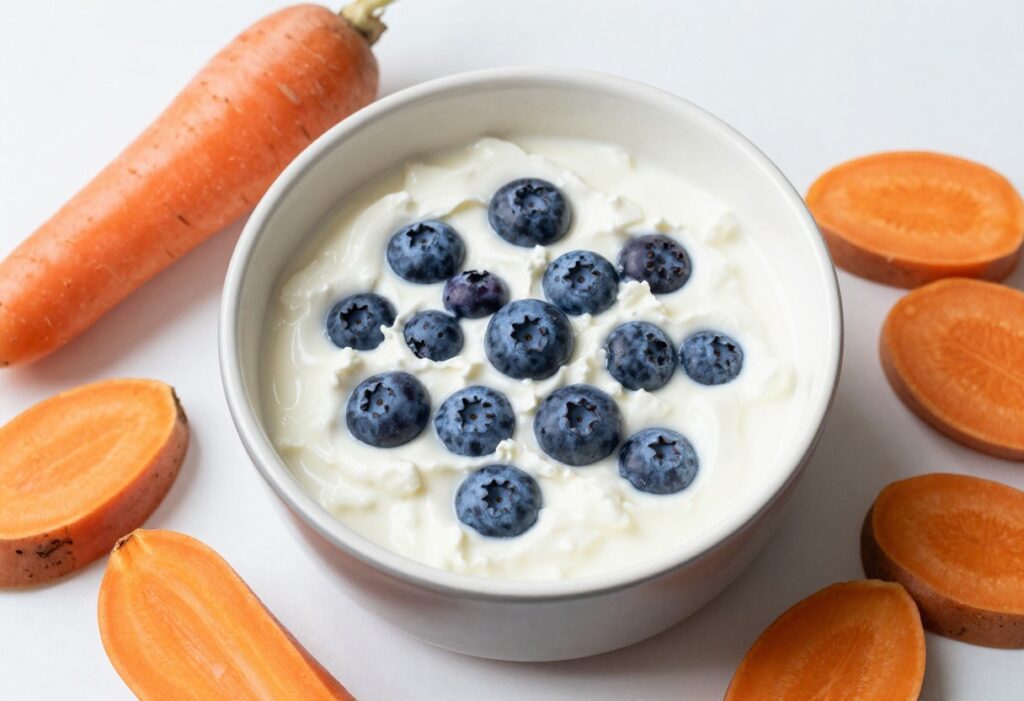 Dog bowl with cottage cheese and blueberry mixture, surrounded by fresh dog-safe ingredients on a wooden table.