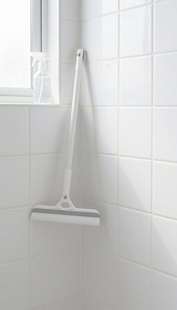 Clean shower grout after a deep cleaning session with squeegee and cleaning spray visible