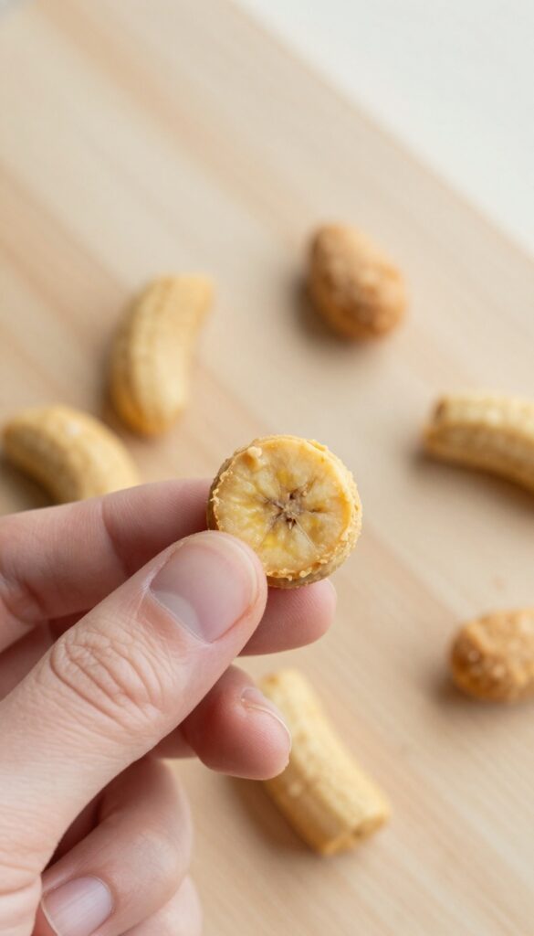 Homemade peanut butter and banana dog treats in a hand, with extras on a wooden table.