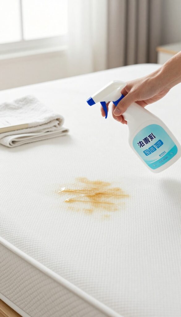 Treating a urine stain on a mattress with enzyme cleaner spray, with towel and book nearby for blotting.