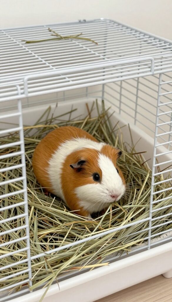 Guinea pig cage with external hay rack attached to bars, guinea pigs pulling hay through, clean and bright setup
