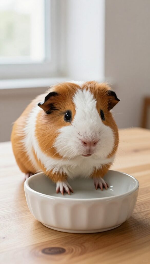 Guinea pig eating from a slow feeder bowl