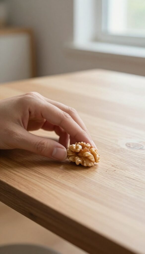 Hand rubbing walnut meat on a scratch on dark wood furniture