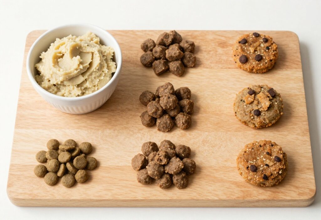 Small homemade dog food portions arranged on a wooden board, including mini meatballs, mash, and patties.