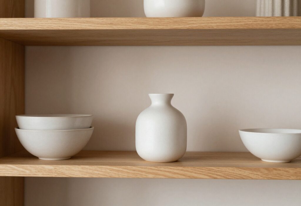Clean shelf with neatly arranged items, no dust, soft lighting.