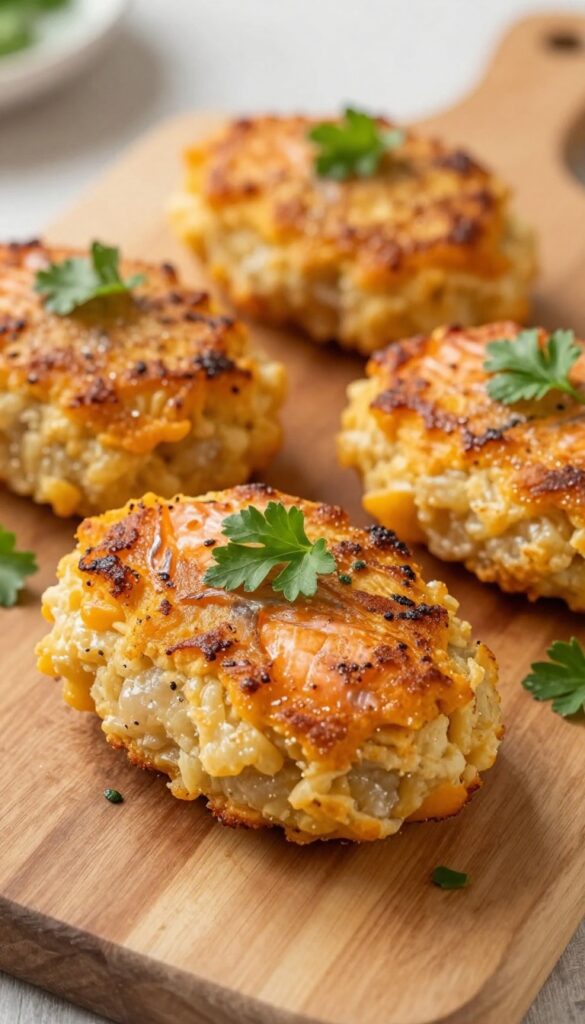 Homemade salmon and pumpkin dog food patties arranged on a wooden board, golden brown and flaky, garnished with parsley, natural lighting.