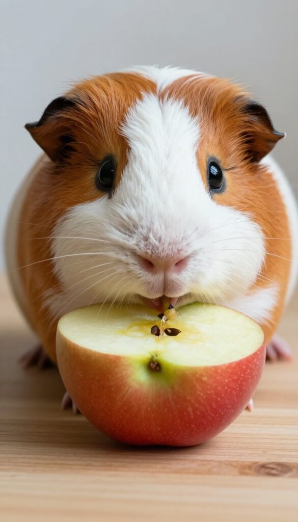 Guinea pig eating a small apple slice without seeds on a wooden surface