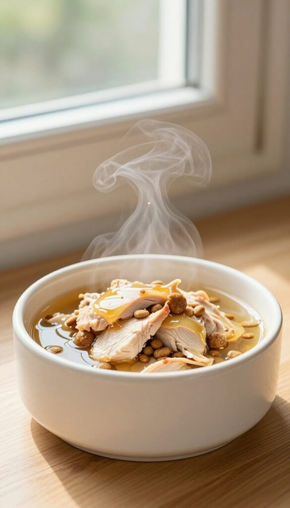 Homemade chicken broth poured over dry dog kibble in a ceramic bowl, steam rising, natural light.