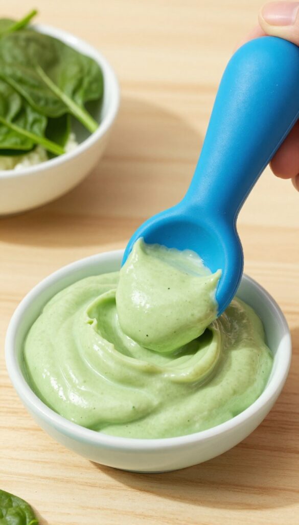 Cottage cheese and spinach blend being spooned into a dog toy for freezing.