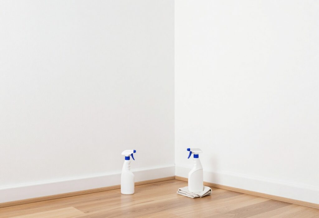 Clean wall corner with cleaning supplies, representing mold-free home after cleaning.