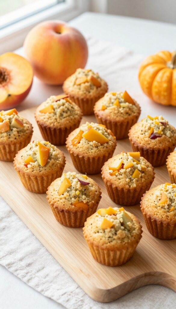 Homemade peach and pumpkin muffin top dog treats arranged on a wooden board with fresh peaches and pumpkin nearby.