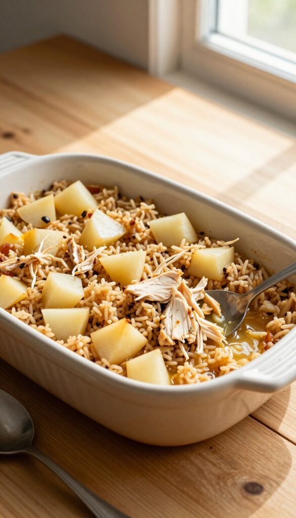 Homemade dog food casserole with turnips, rice, and chicken in a baking dish, served in a dog bowl.