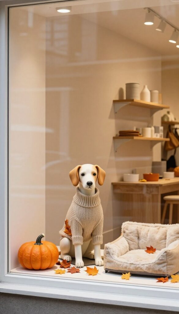 Seasonal dog boutique window display with mannequin dog in sweater and autumn leaves