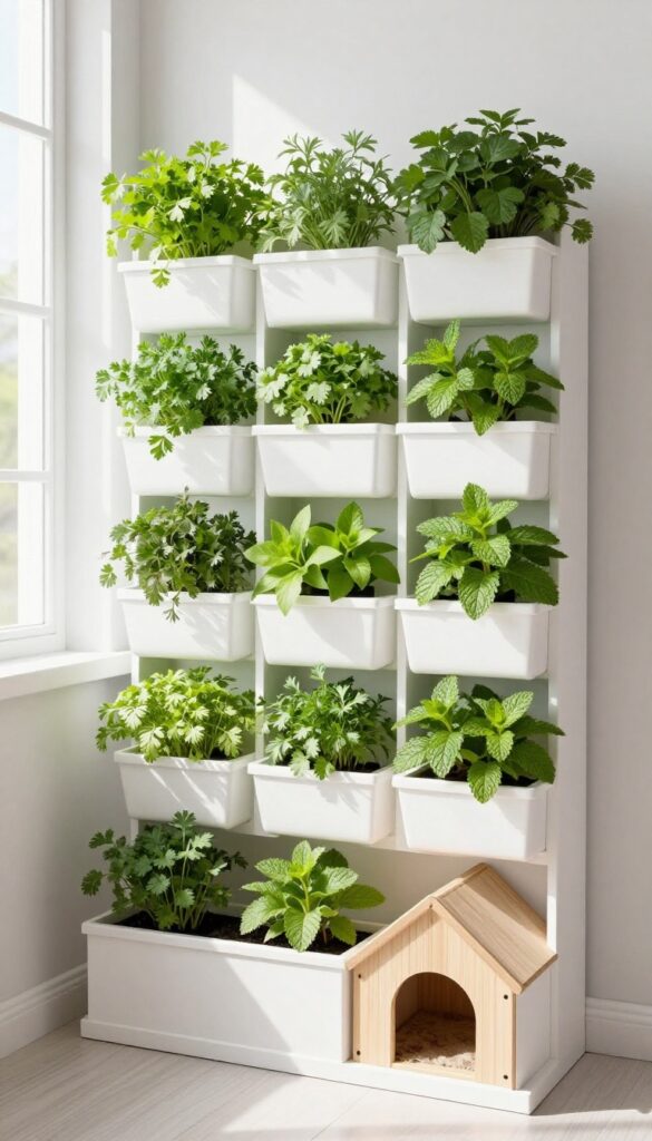Vertical garden wall with fresh herbs in a bright room near a guinea pig habitat