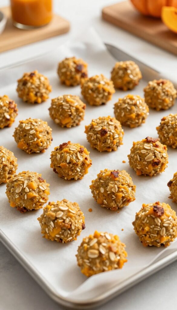 Homemade turkey and pumpkin meatballs for dogs, baked on a parchment-lined sheet, ready for batch cooking and freezing.