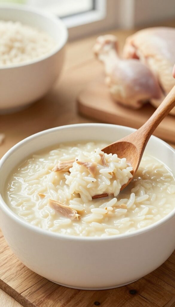 A bowl of creamy chicken and rice porridge for dogs with missing teeth, served in a white ceramic bowl on a wooden table.