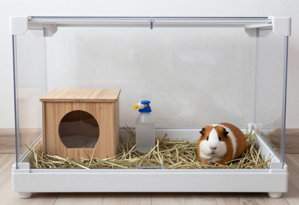 Guinea pig cage corner with DIY fleece hideout, wooden bridge, and cardboard castle.