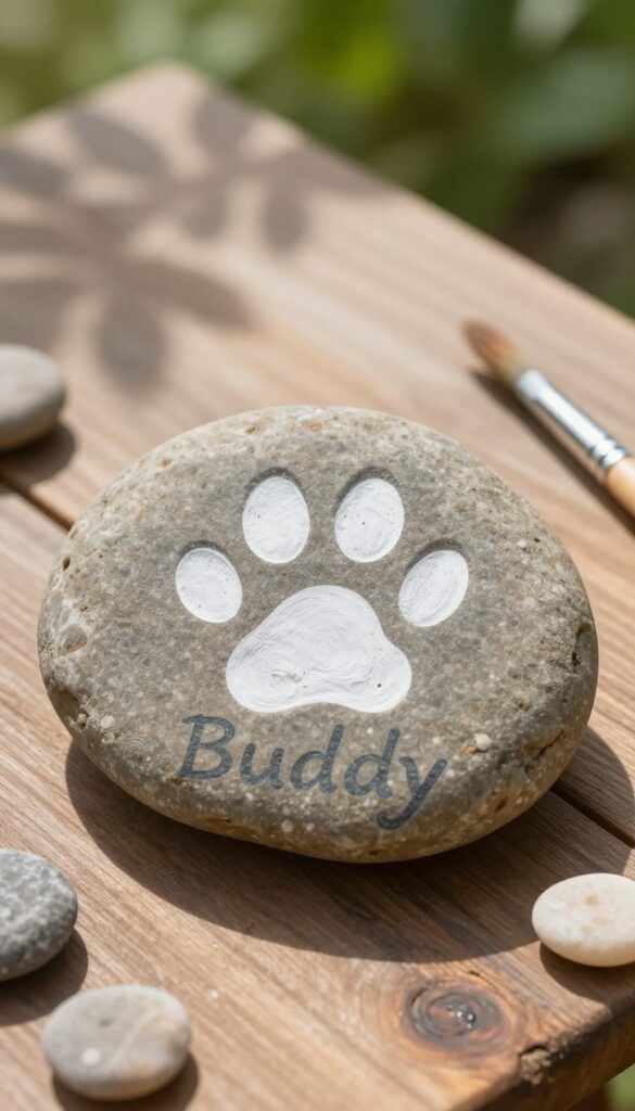 Painted river rock garden stone with dog paw print and name, resting on wooden table in garden