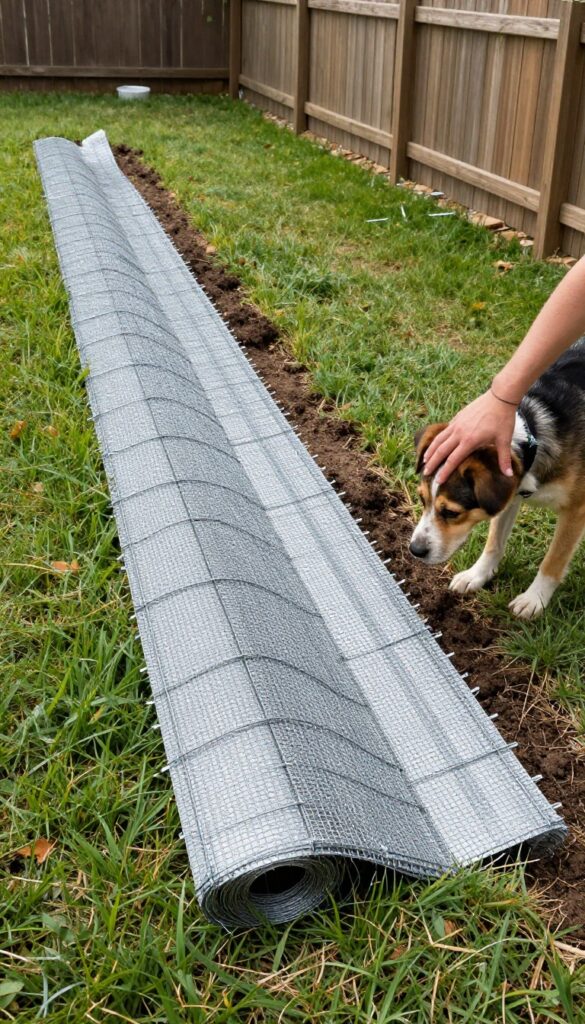 Underground chicken wire fence installation in a backyard trench to prevent dog digging