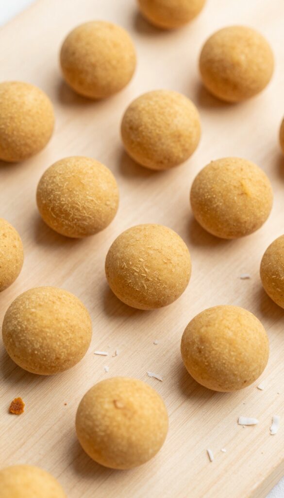 Homemade sweet potato and coconut soft chews for dogs, arranged on a wooden surface in natural light.