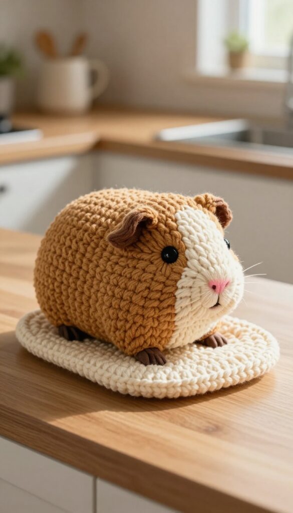 Crochet guinea pig potholder on wooden kitchen counter with natural light