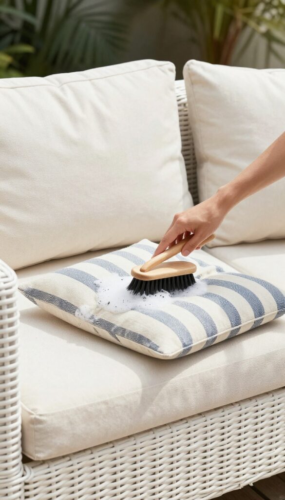 Hand washing outdoor cushion with soft brush on patio