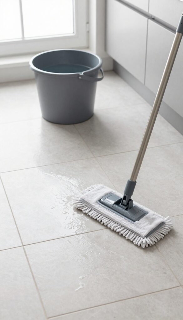 Mopping a tile floor with a gentle cleaning solution in a bright kitchen