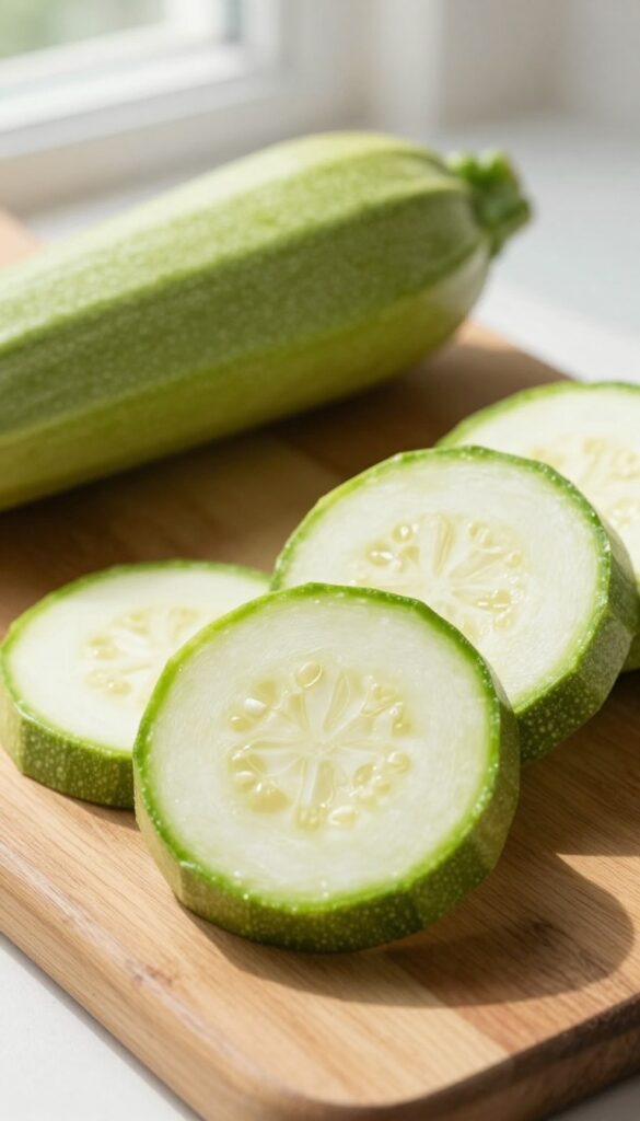 Fresh zucchini slices on a wooden board with a guinea pig eating a piece in the background.