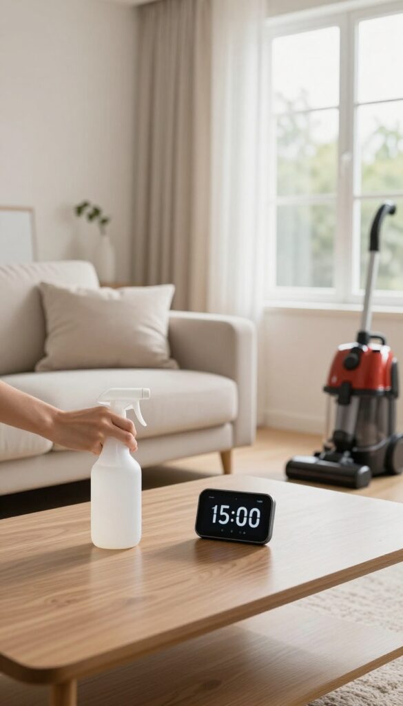 Timer on a smartphone next to cleaning supplies on a coffee table in a bright living room