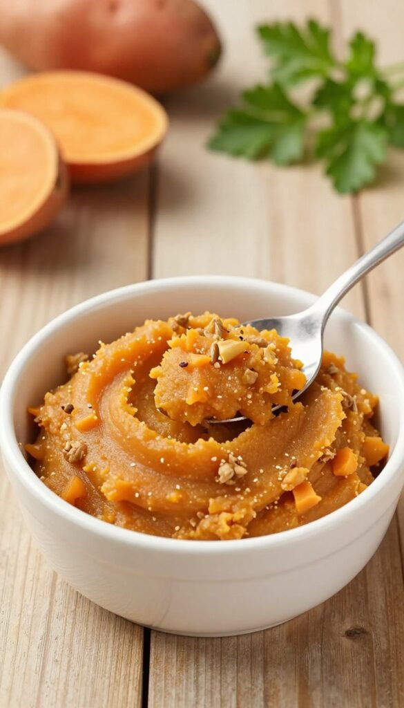 Close-up of sweet potato and turkey mash in a small bowl, spoon beside it, on a wooden table, natural light, dog food blog photography.