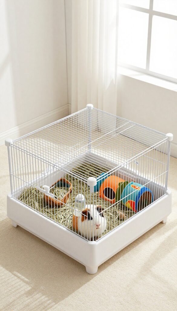 L-shaped guinea pig cage in a bright corner of a room with hay, hideouts, and water bottle