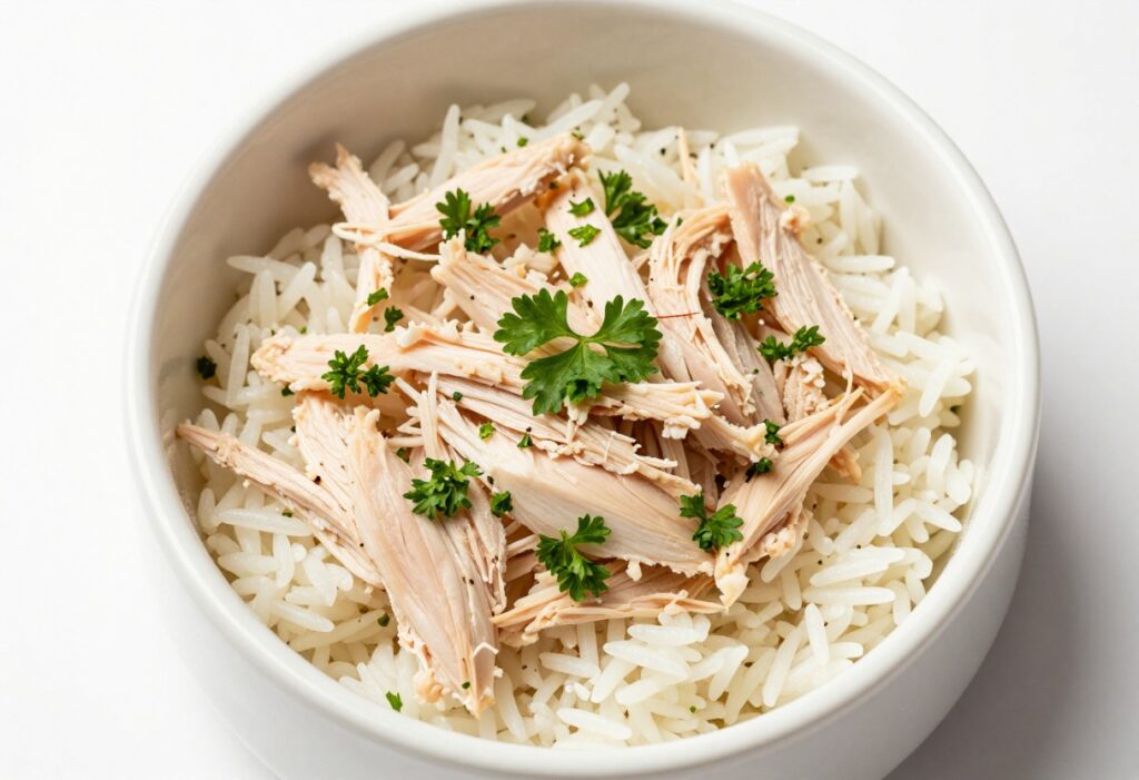 Homemade dog food bowl with shredded chicken and rice on a white background