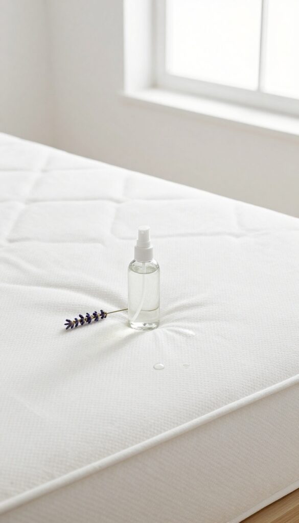 Clean mattress with lavender sprig and spray bottle for deodorizing with essential oils