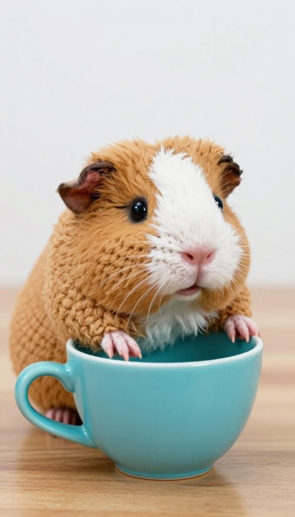 A crocheted guinea pig peeking out of a turquoise cup on a wooden desk.
