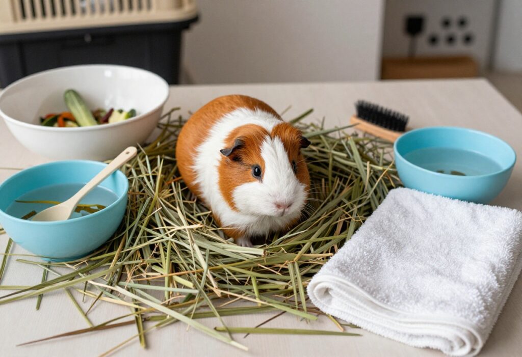Guinea pig with feeding and play accessories