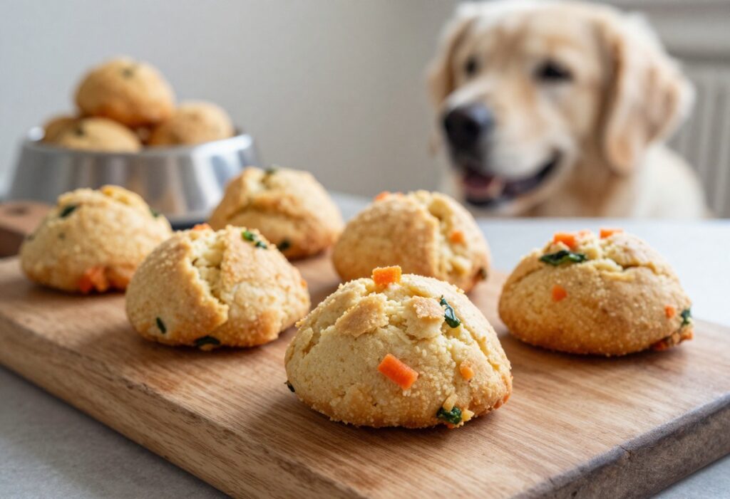 Homemade egg bite dog treats on a wooden board with a dog in the background