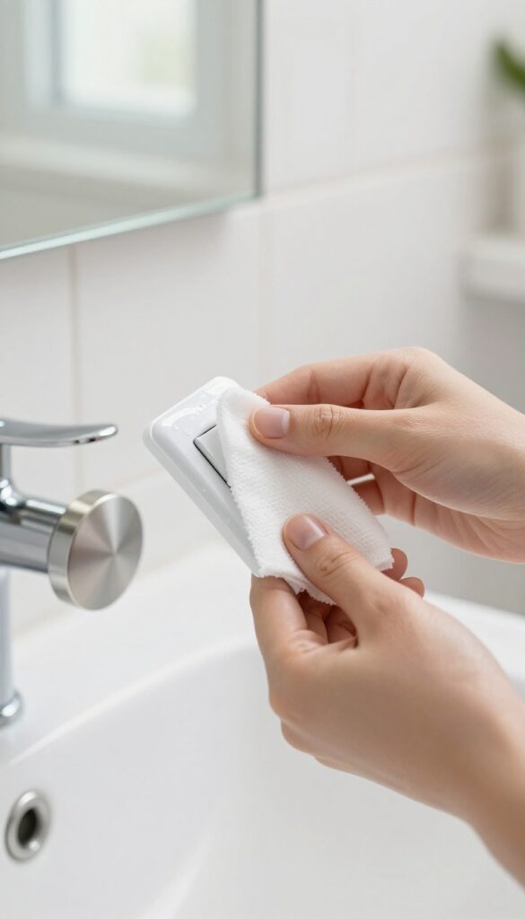 Hand wiping a light switch and doorknob with a disinfectant wipe in a bright bathroom