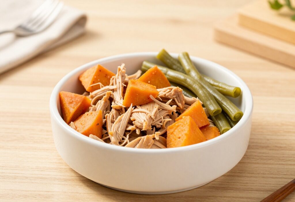 Homemade dog dinner bowl with shredded chicken, sweet potato, and green beans in a white ceramic bowl on a wooden table.